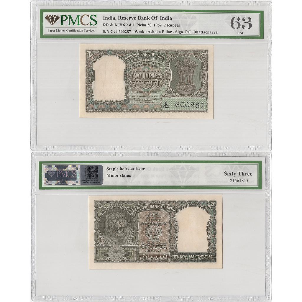 India Reserve Bank of India 2 Rupees P.C. Bhattacharya Year - 1962 Serial No. C94 600287