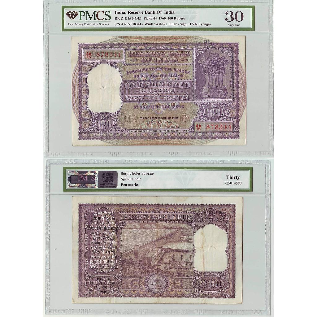 India Reserve Bank of India 100 Rupees H.V.R. Iyengar Year - 1960 Serial No. AA15 878341