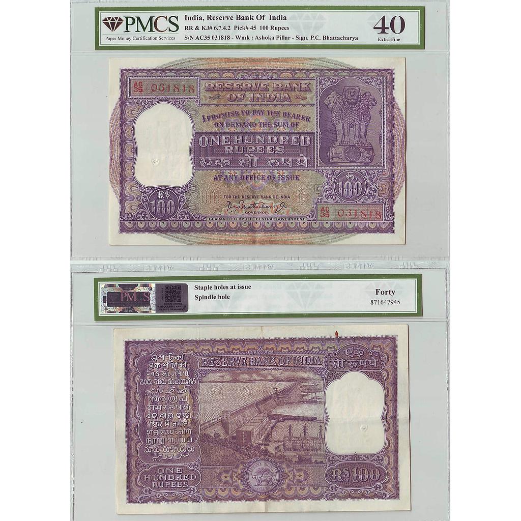 India Reserve Bank of India 100 Rupees P.C. Bhattacharya Serial No. AC35 031818