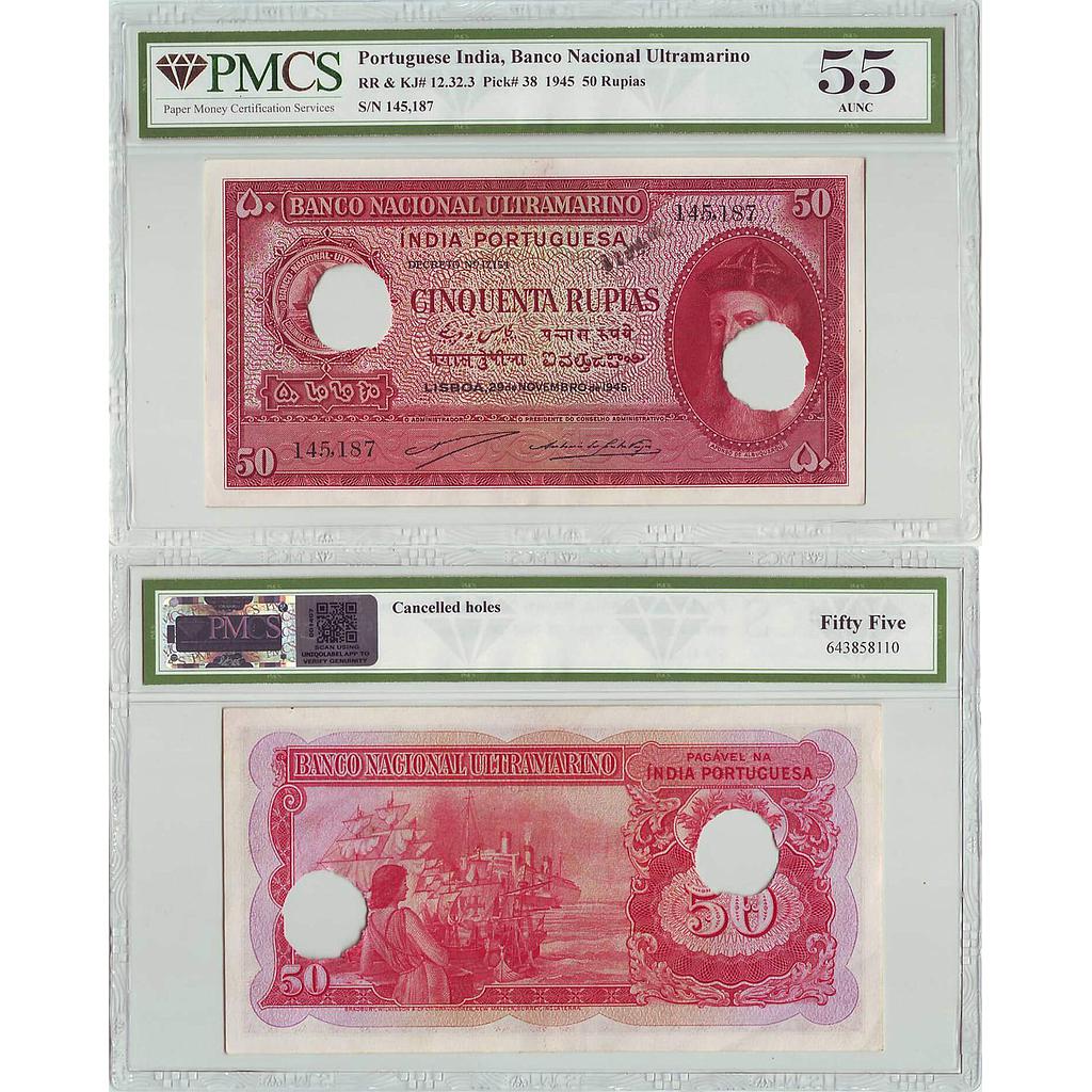 India Notes of Indo Portuguese Territories 50 Rupias Antonio Dos Santos Viegas &amp; Artur Meneses Correia de Sa Year - 1945 Serial No. 145 187