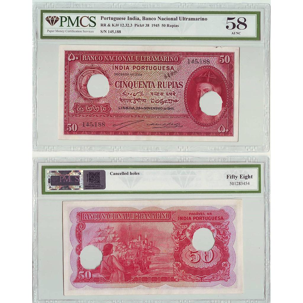 India Notes of Indo Portuguese Territories 50 Rupias Antonio Dos Santos Viegas &amp; Artur Meneses Correia de Sa Year - 1945 Serial No. 145 188