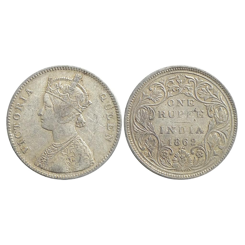 British India Victoria Queen 1862 AD A/II/ 2/4 dots Bombay Mint Silver Rupee