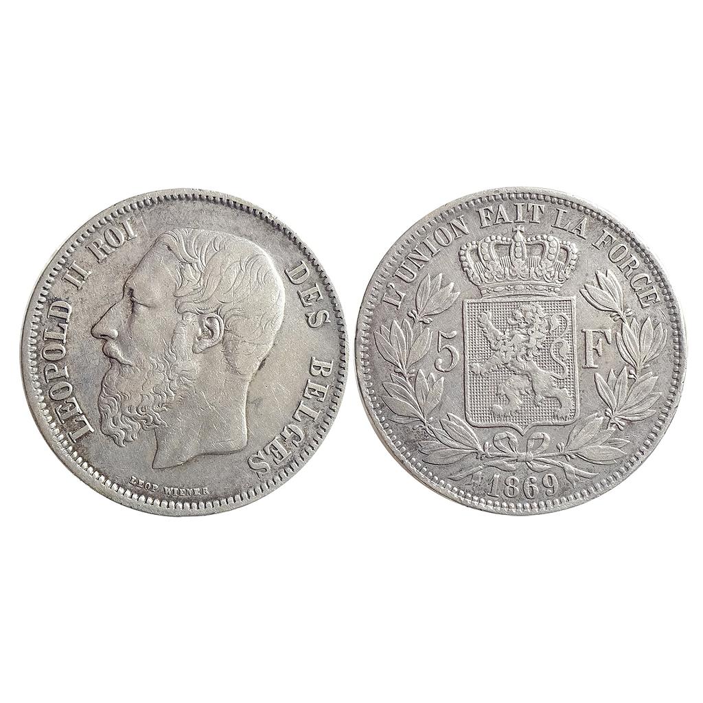 Belgium Leopold II 1869 AD Silver (.900) 5 Francs