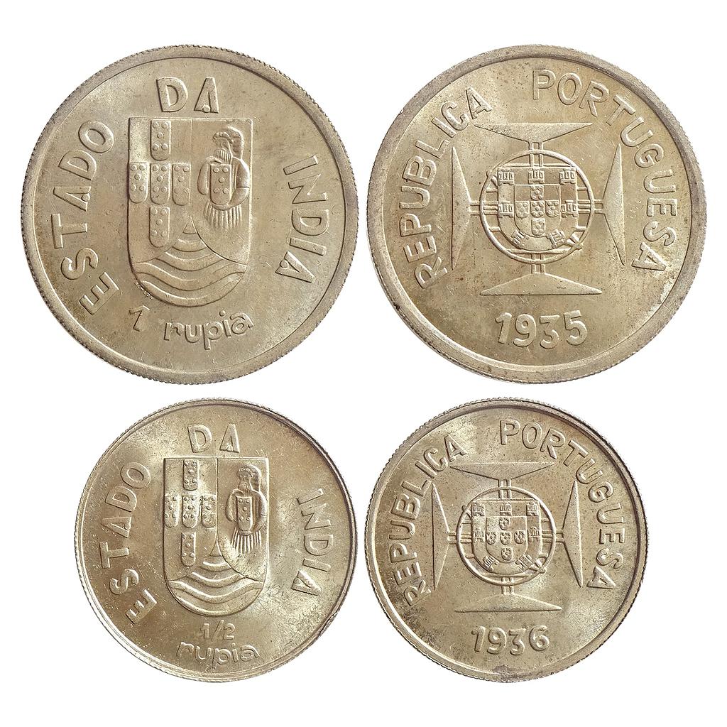 Indo Portuguese Set of 2 coins Silver Rupia &amp; 1/2 Rupia
