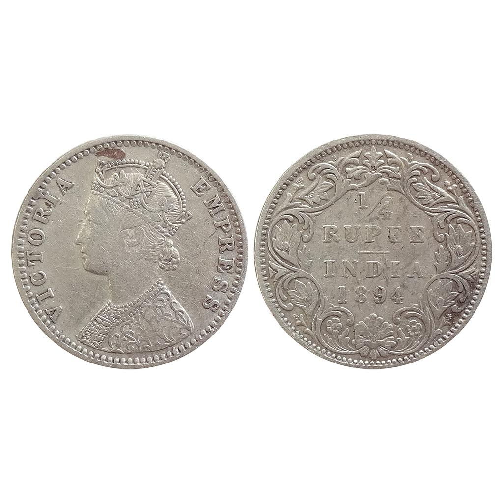 British India Victoria Empress 1894 AD Obv C Rev I B incuse Bombay Mint Silver 1/4 Rupee