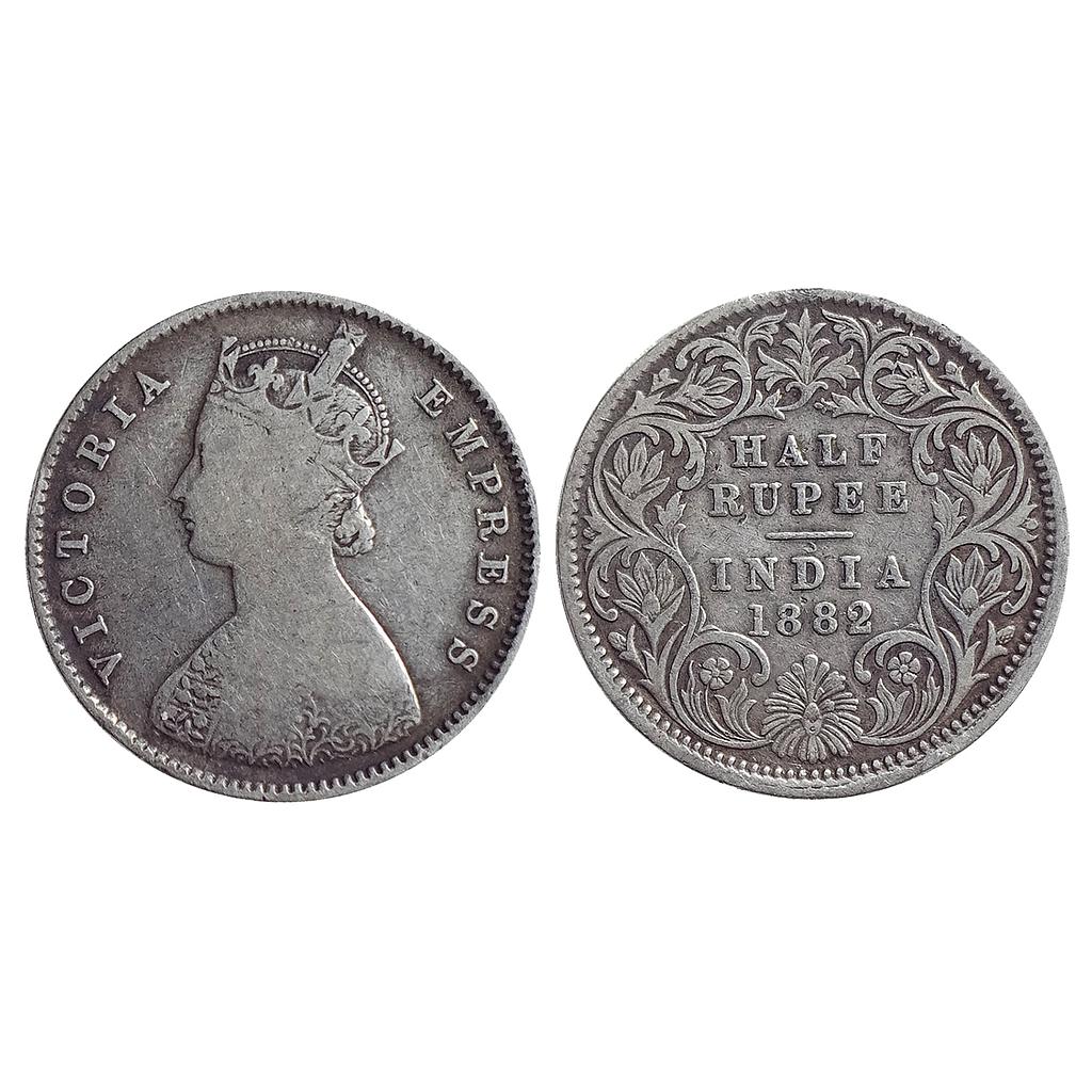 British India Victoria Empress 1882 AD Obv A Rev I C incuse Calcutta Mint Silver 1/2 Rupee