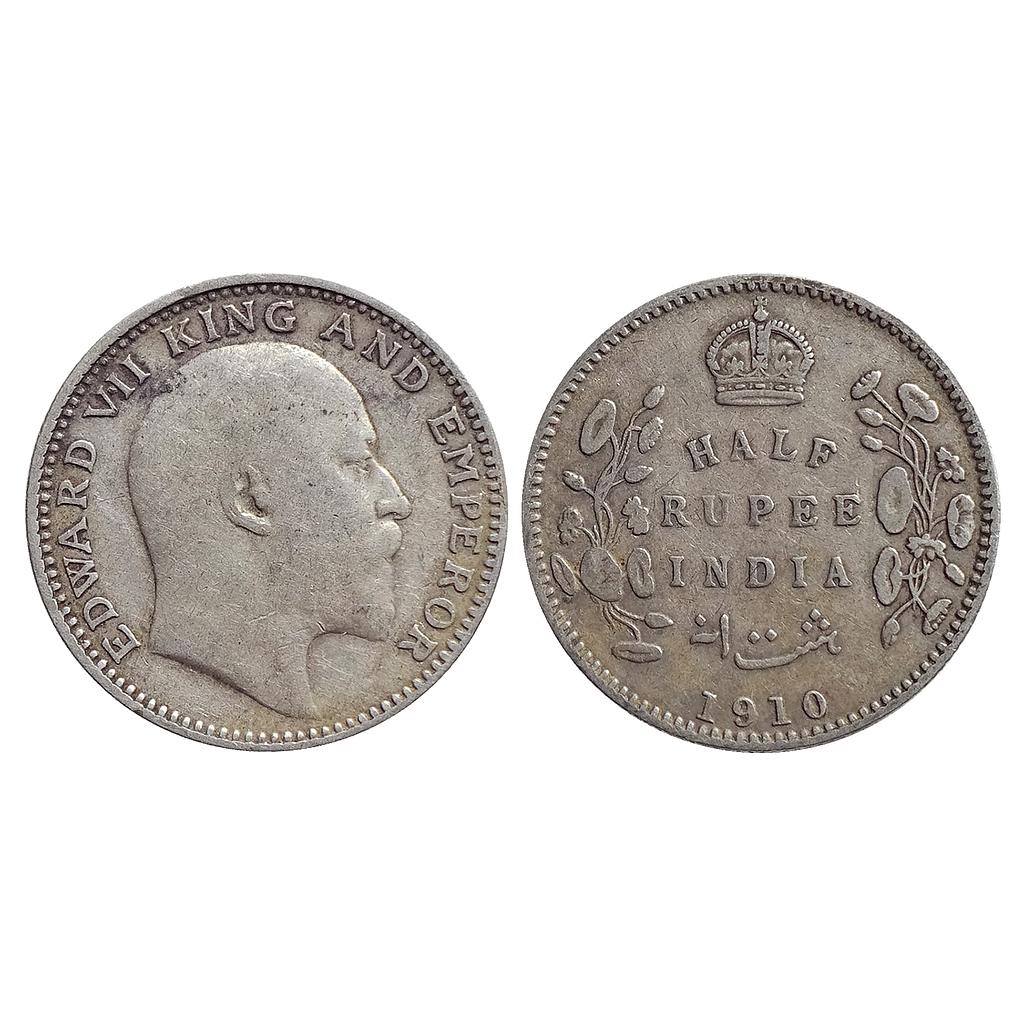 British India Edward VII 1910 AD Calcutta Mint Silver 1/2 Rupee