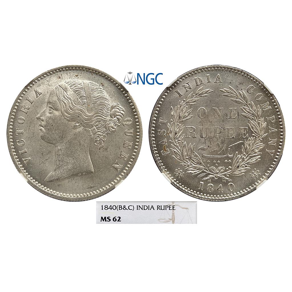 EIC Victoria Queen 1840 AD WW raised Shaded ribbon bow 28 Berries Divided legend Calcutta / Bombay Mint Silver Rupee