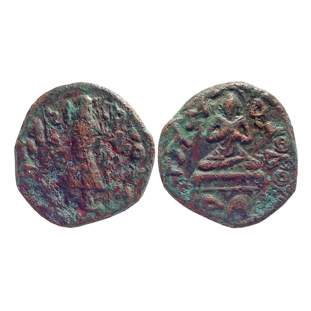 Ancient Kushans seated Buddha Dharamchakra Type Kanishka I Copper Tetradrachm