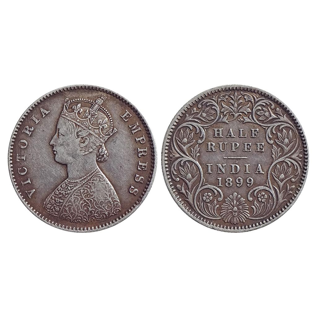 British India Victoria Empress 1899 AD Obv A Rev I C incuse Calcutta Mint Silver 1/2 Rupee