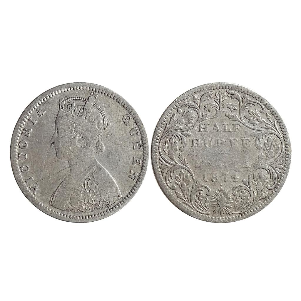 British India Victoria Queen 1874 AD Obv B2 Rev II with dot Bombay Mint Silver 1/2 Rupee