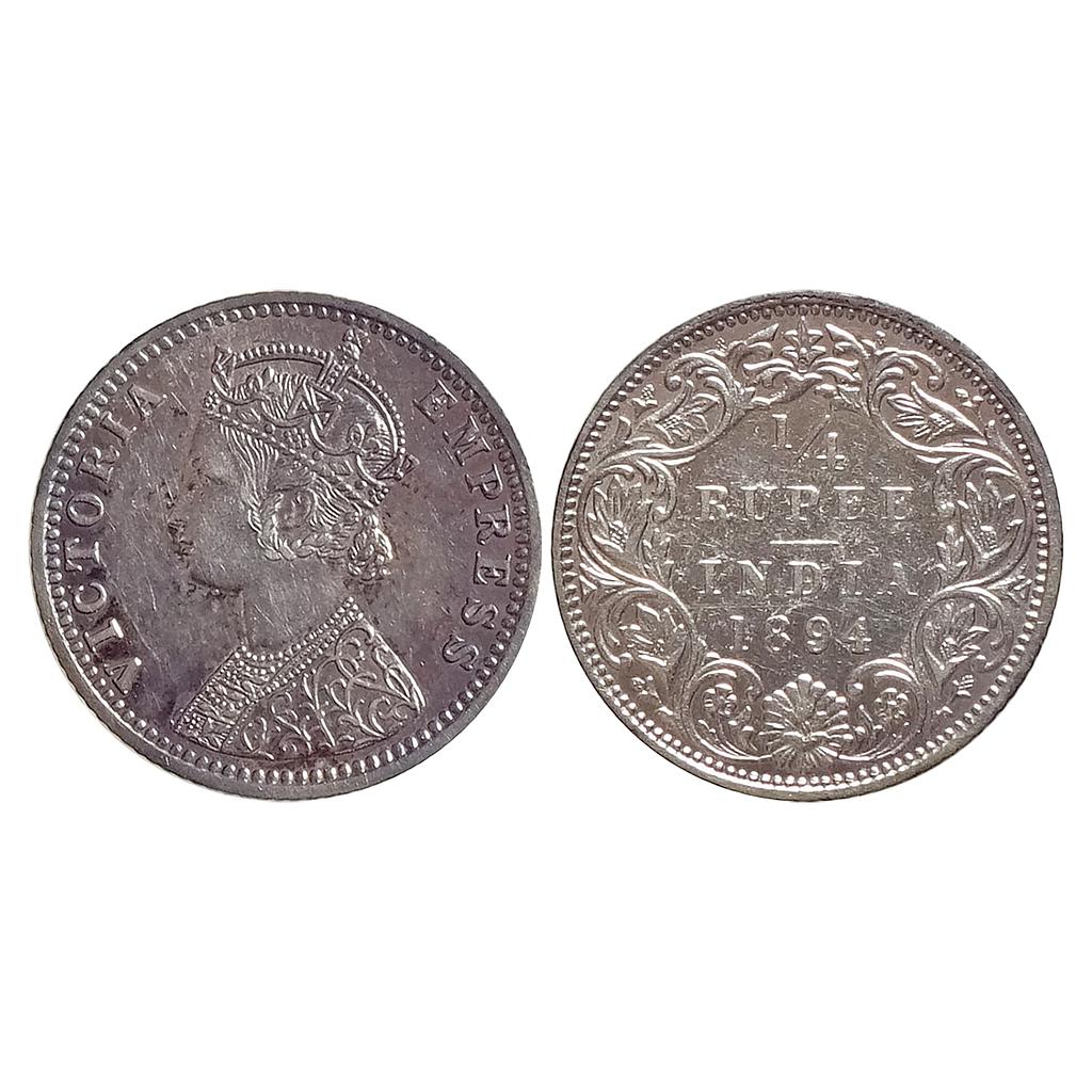 British India Victoria Empress 1894 AD Obv C Rev I B incuse Bombay Mint Silver 1/4 Rupee