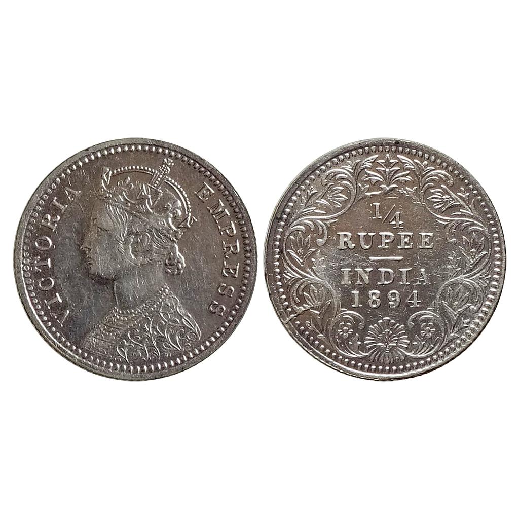British India Victoria Empress 1894 AD Obv C Rev II C incuse Calcutta Mint Silver 1/4 Rupee