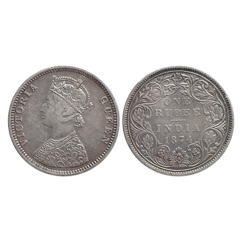 British India Victoria Queen 1874 AD Obv C1 Rev II No mint mark Bombay Mint Silver Rupee