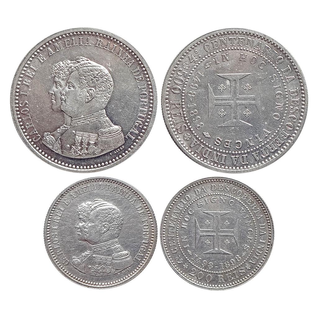 Portugal Carlos I 1898 AD 400th Anniversary of Discovering India 1498-1898 Silver 500 &amp; 200 Reis