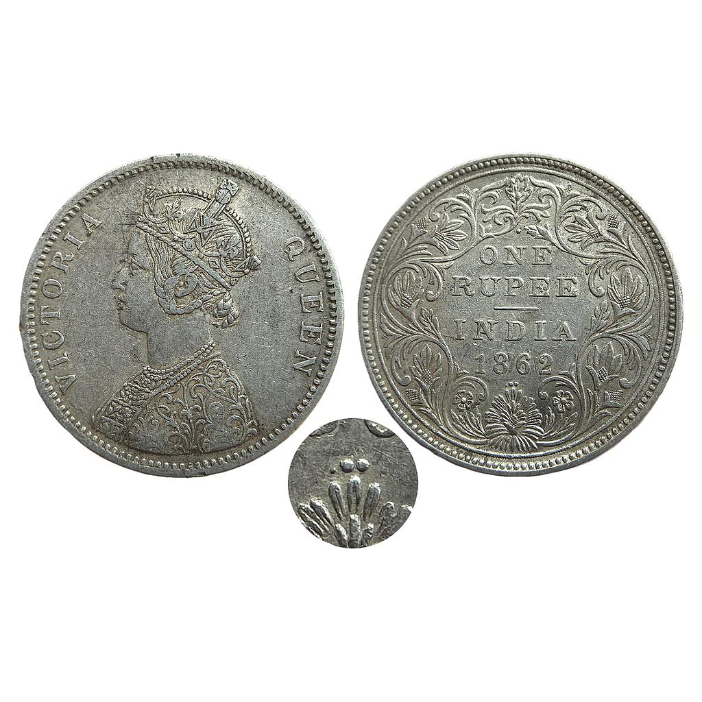 British India Victoria Queen 1862 AD Obv A Rev II 1/2 dot re-engraved older dies of 3/4 doits been used to engrave the bottom 2 dots Bombay Mint Silver Rupee