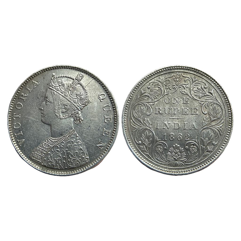 British India Victoria Queen 1862 AD Obv B Rev II Madras Mint Silver Rupee