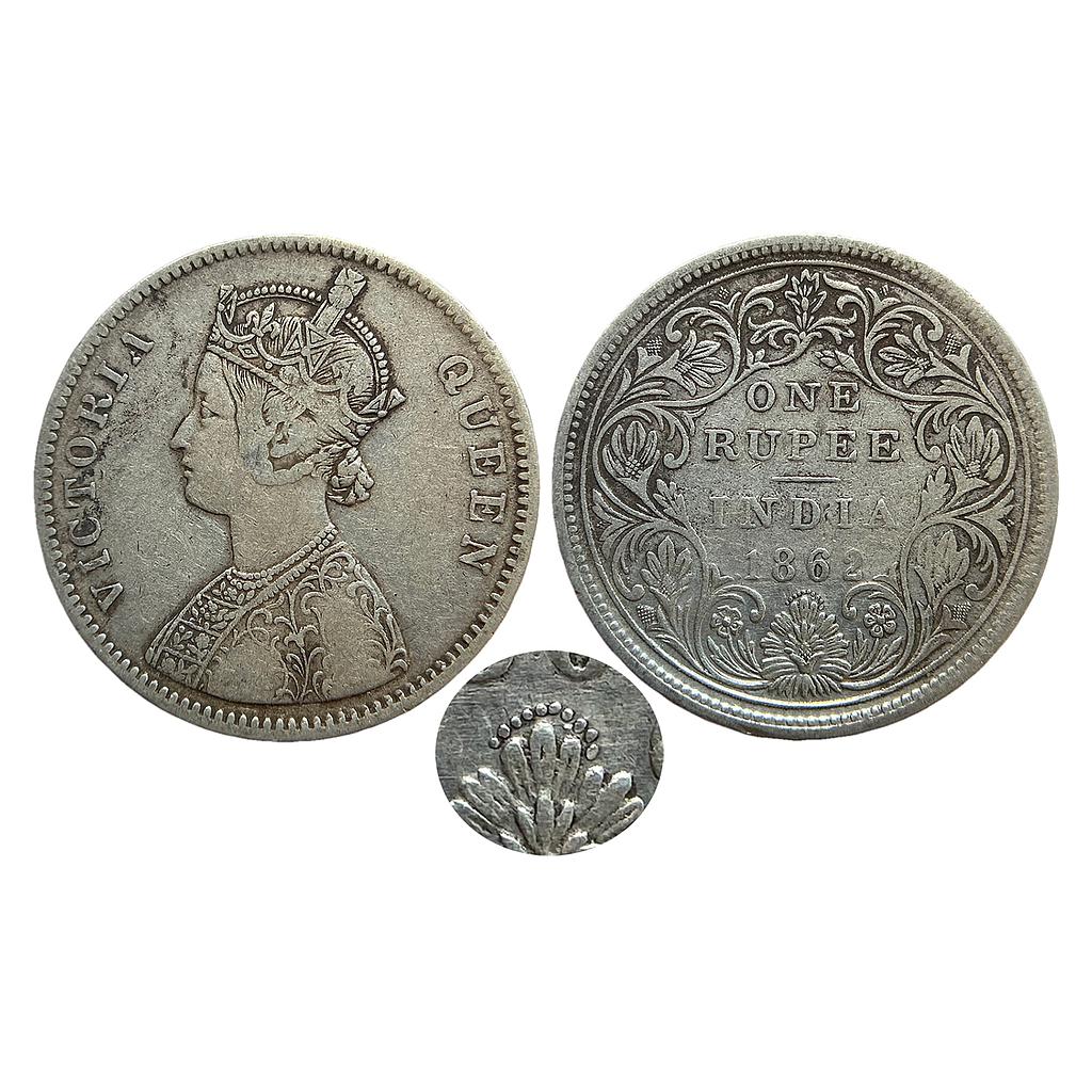 British India Victoria Queen 1862 AD Obv A Rev II 0/11 dot Bombay Mint Silver Rupee