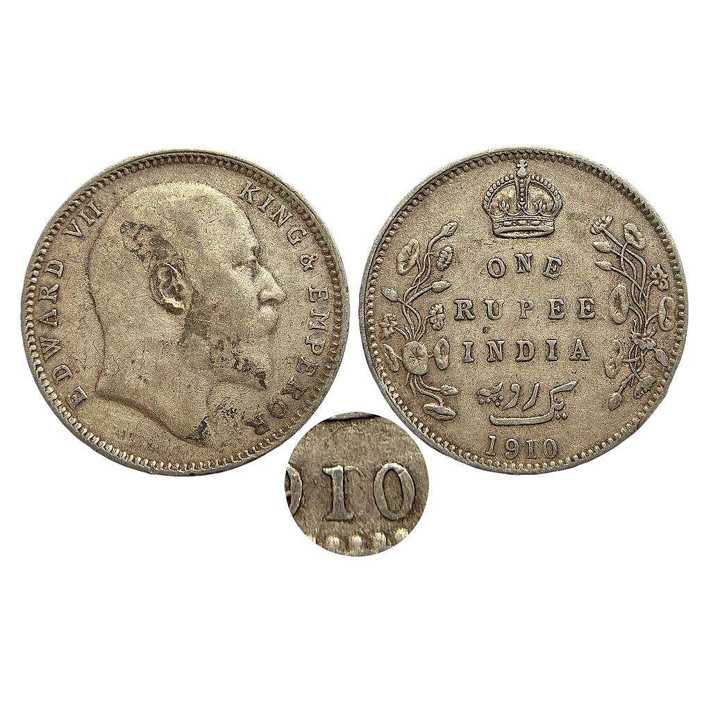 British India Edward VII 1910 AD B incuse with dot on the vine and 10 over 09 in date old used dies of 1909 were used to strike coins of 1910 by re-dating the last two numerals Bombay Mint Silver Rupee