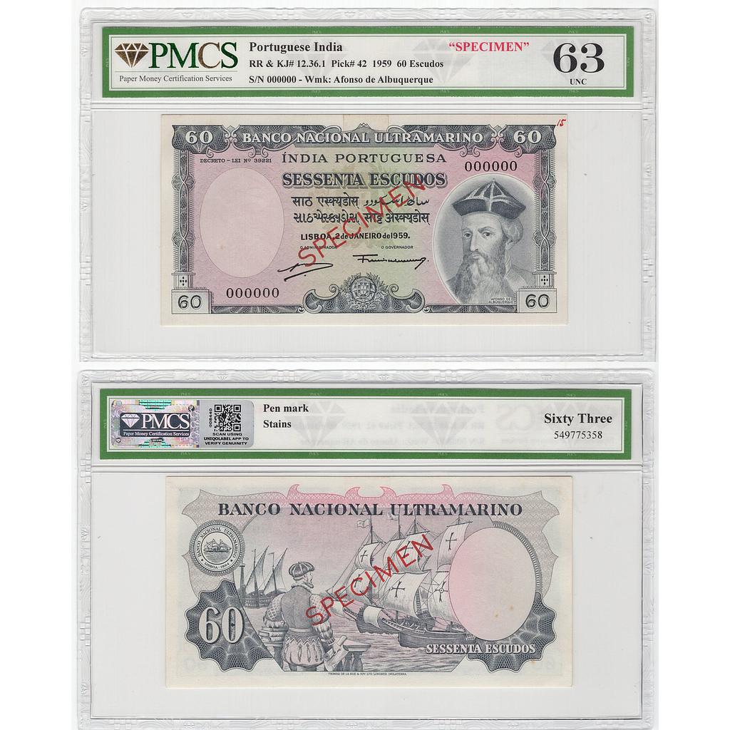 Portuguese India 'SPECIMEN' 60 Escudos Afonso de Albuquerque