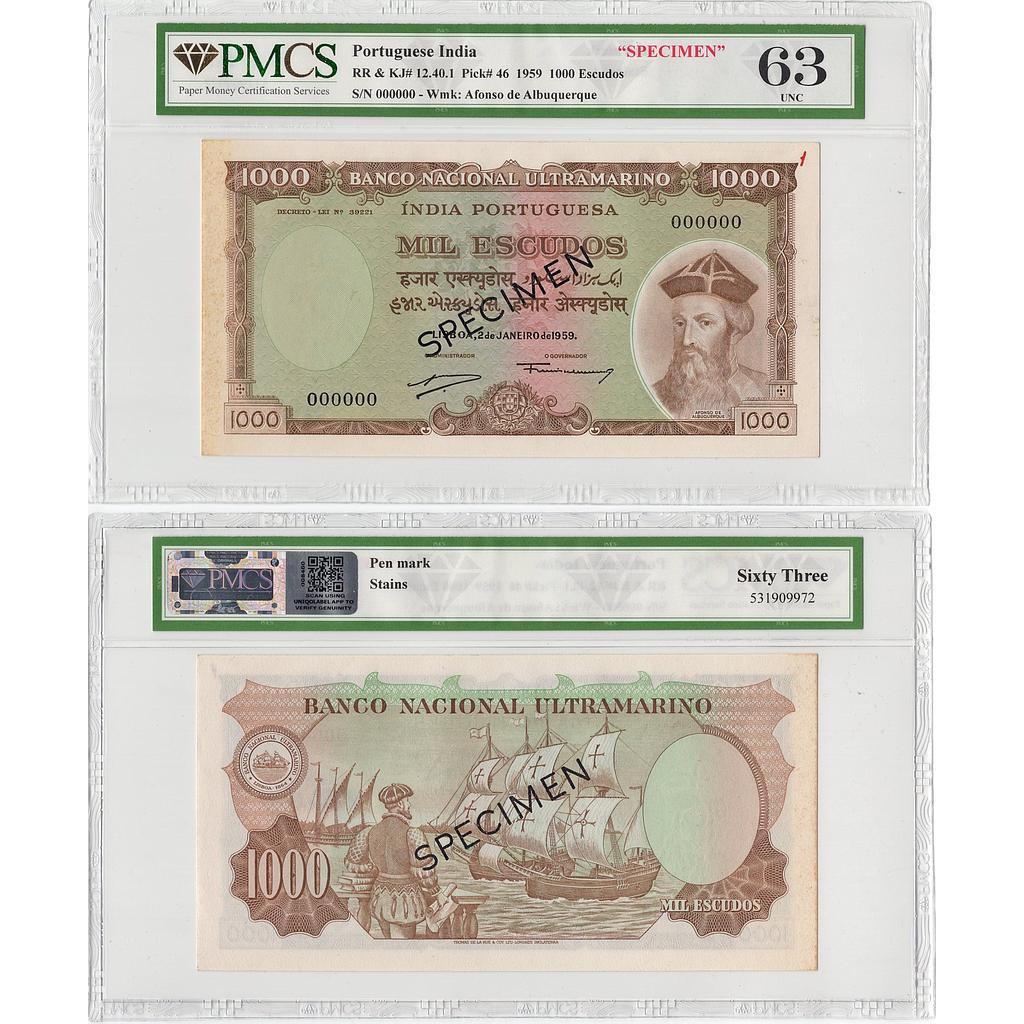 Portuguese India 'SPECIMEN' 1000 Escudos Afonso de Albuquerque
