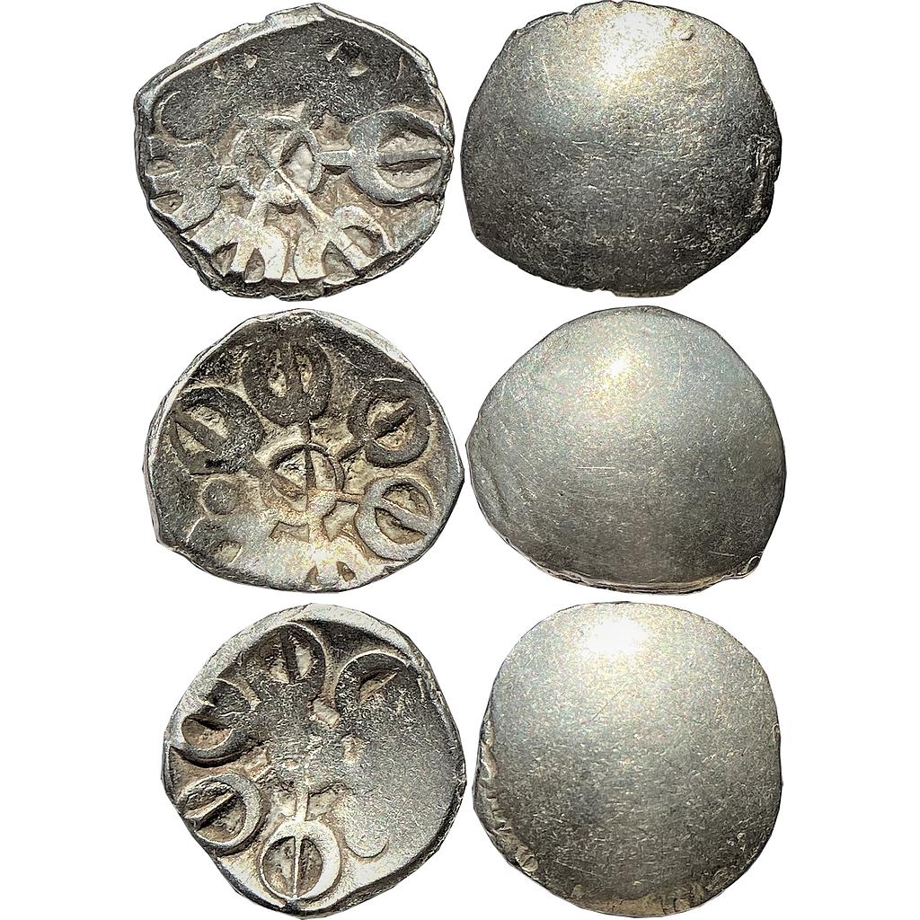 Ancient Punch Marked Coinage Gandhara Mahajanapada set of three coins Silver 1/8 Shatamana