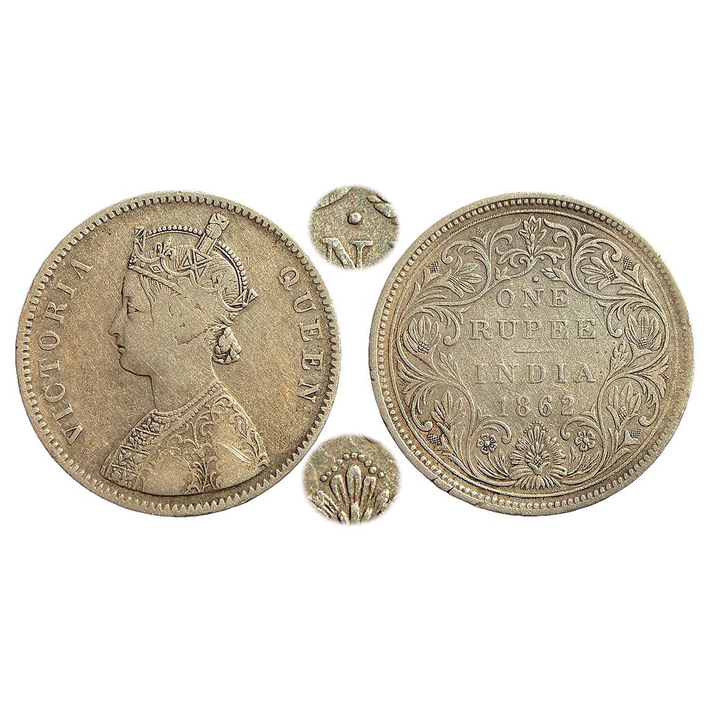 British India Victoria Queen 1862 AD Obv A Rev II 1 / 10 dot Bombay Mint Silver Rupee