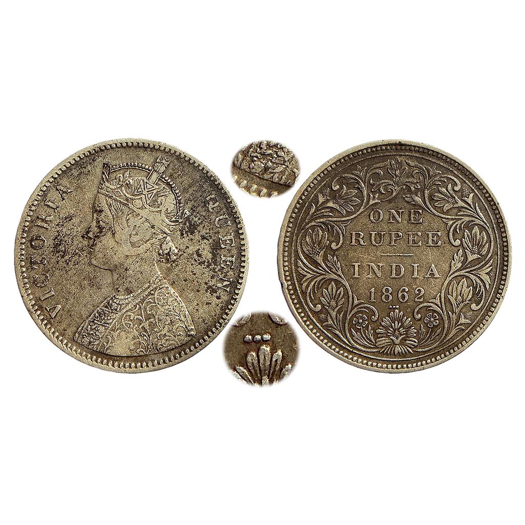 British India Victoria Queen 1862 AD Obv A Rev II 0 / 3 dot Silver Rupee