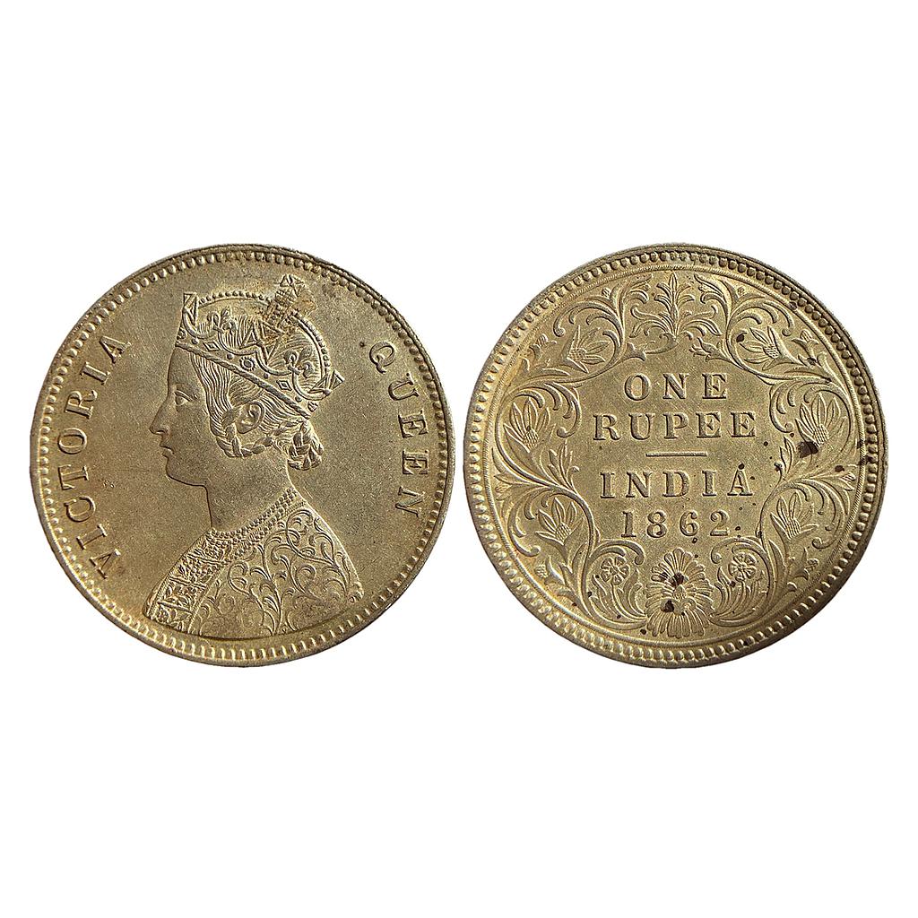 British India Victoria Queen 1862 AD Obv. A Rev. I with crescent 1 in date tilted to right die doubling error on the obv Calcutta Mint Silver Rupee
