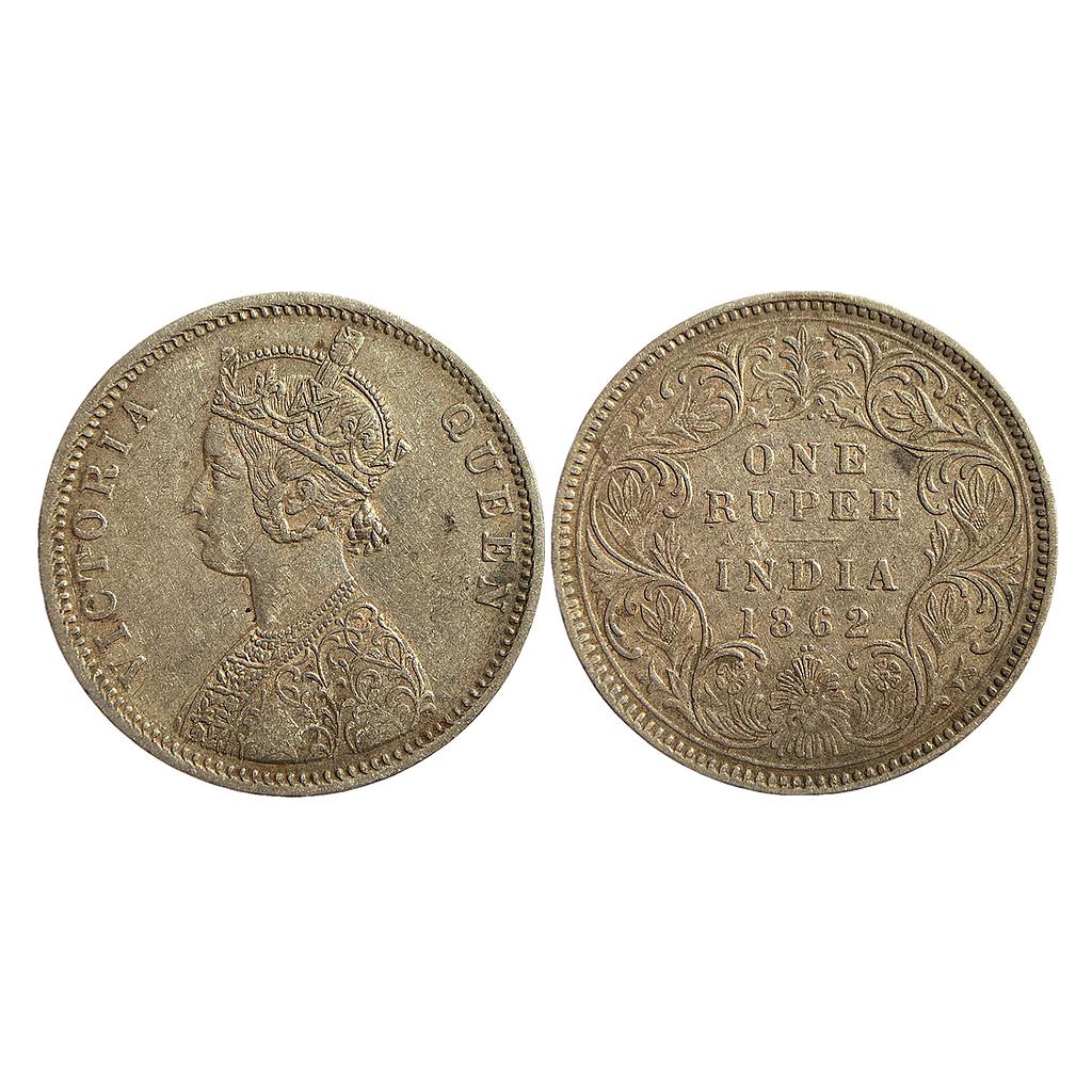 British India Victoria Queen 1862 AD Obv. A Rev. I 1 / 2 dot Bombay Mint Silver Rupee