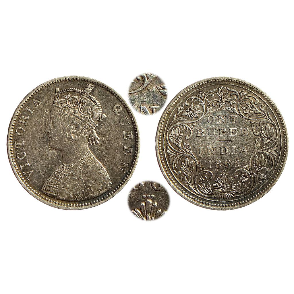 British India Victoria Queen 1862 AD Obv B Rev II 2 / 3 dot Bombay Mint Silver Rupee