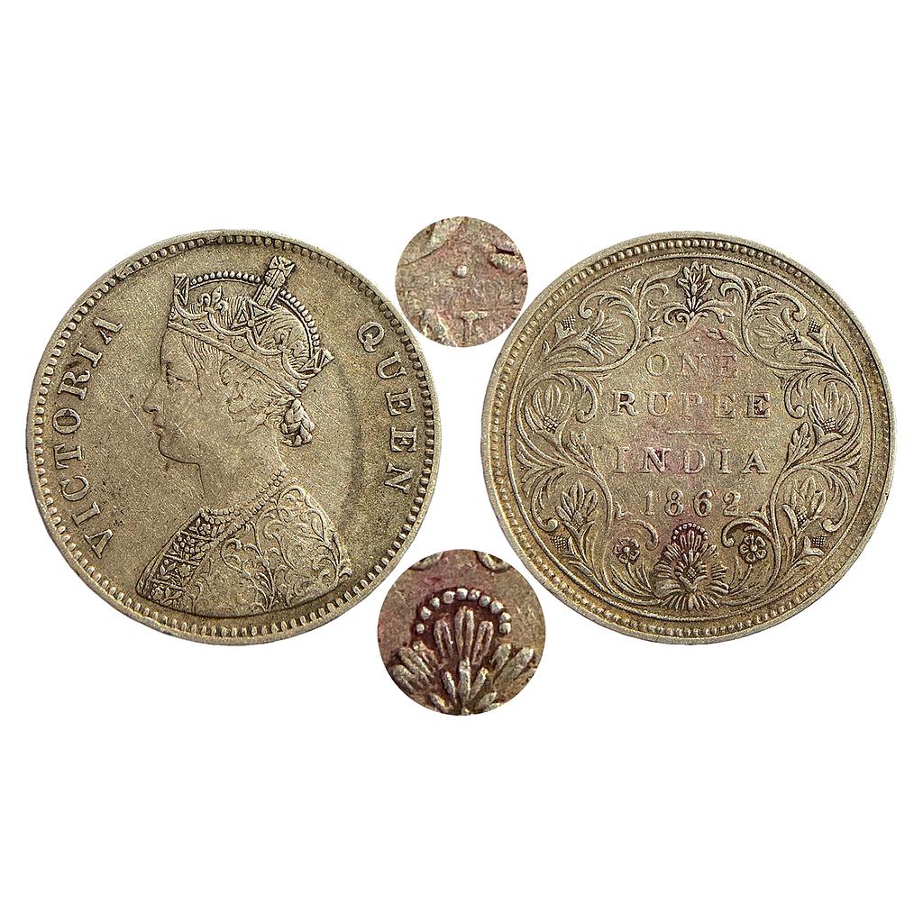 British India Victoria Queen 1862 AD Obv A Rev II 1 / 10 dot Bombay Mint Silver Rupee