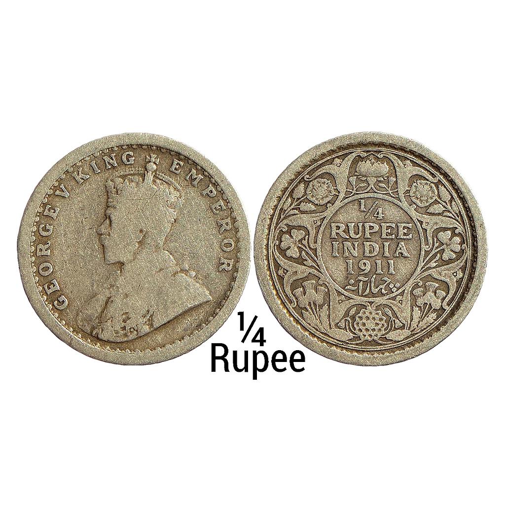 British India George V 1911 AD Calcutta Mint Silver 1/4 Rupee