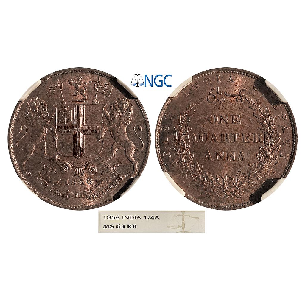 EIC Uniform Coinage 1858 AD Wreath tips-single leaves J. Watt and Co Birmingham Mint Copper 1/4 Anna