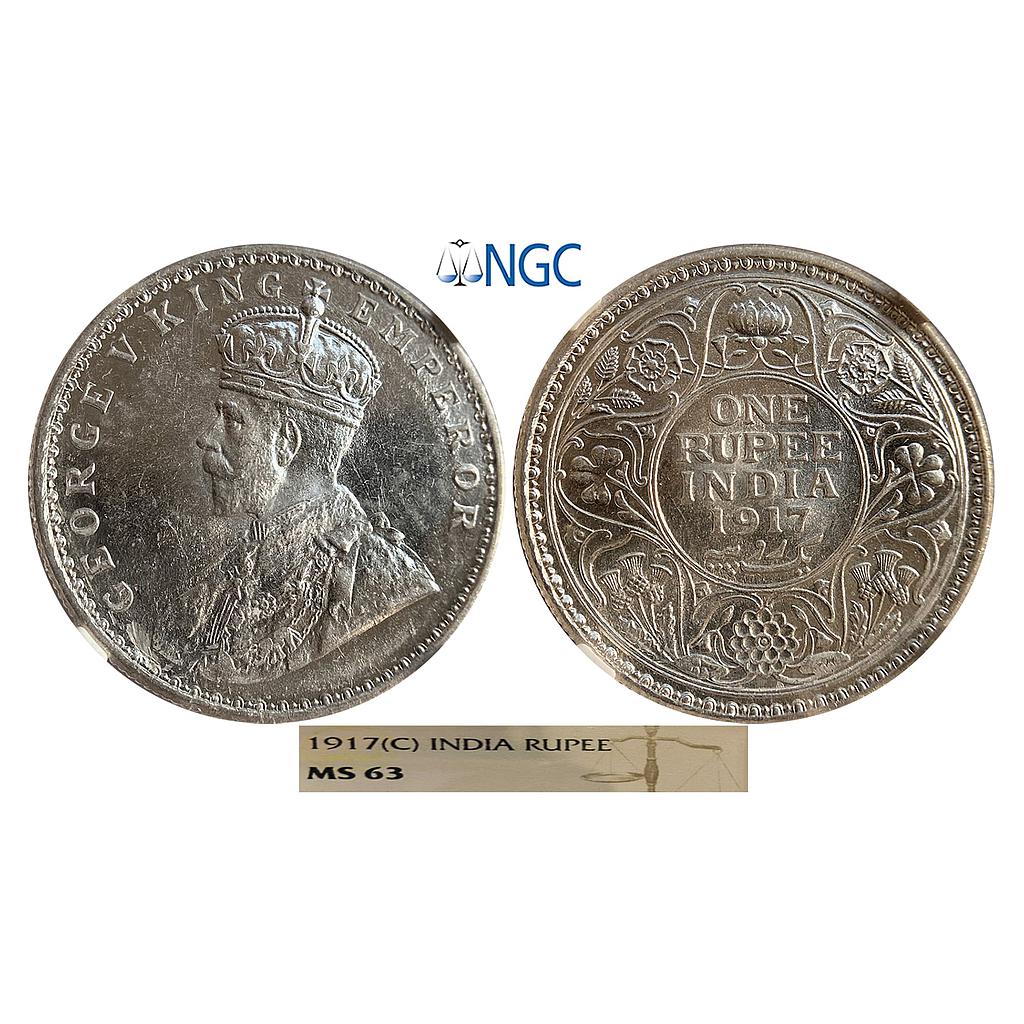 British India George V 1917 AD Calcutta Mint Silver Rupee