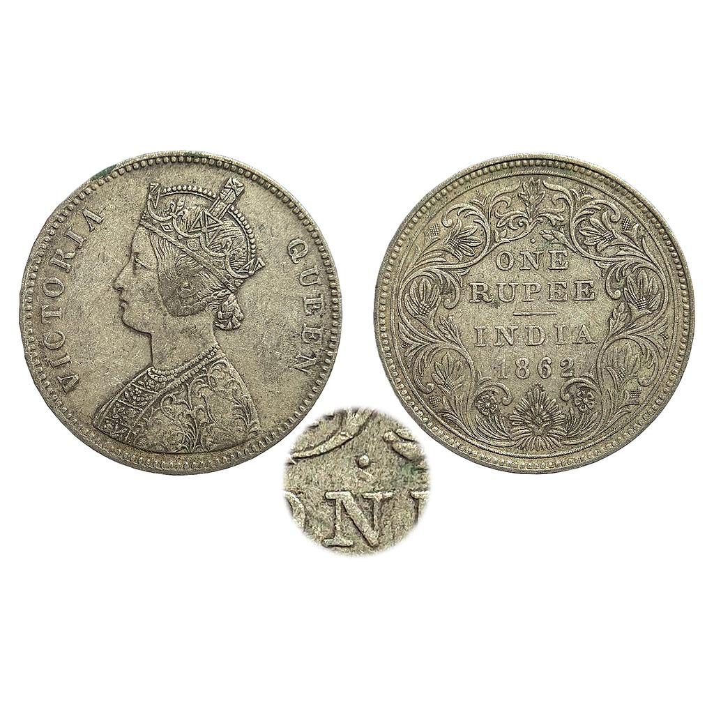 British India Victoria Queen 1862 AD Obv. A Rev. II 1 / 7 dot with top dot above N of ONE Silver Rupee