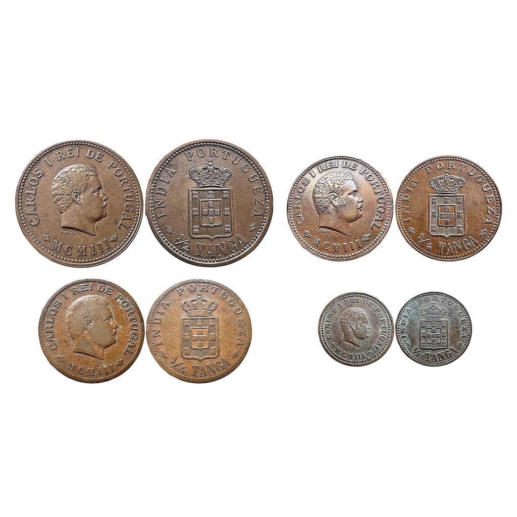 Indo Portuguese Carlos I Set of 4 coins Copper 1/2 Tanga 1/4 Tanga 1/12 Tanga