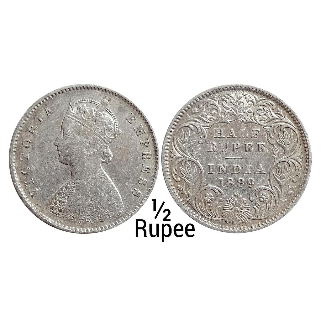 British India Victoria Empress 1889 AD Obv. A Rev. I "C" incuse Calcutta Mint Silver 1/2 Rupee