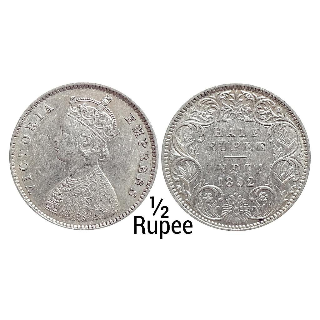 British India Victoria Empress 1892 AD Obv. A Rev. I "B" incuse Bombay Mint Silver 1/2 Rupee
