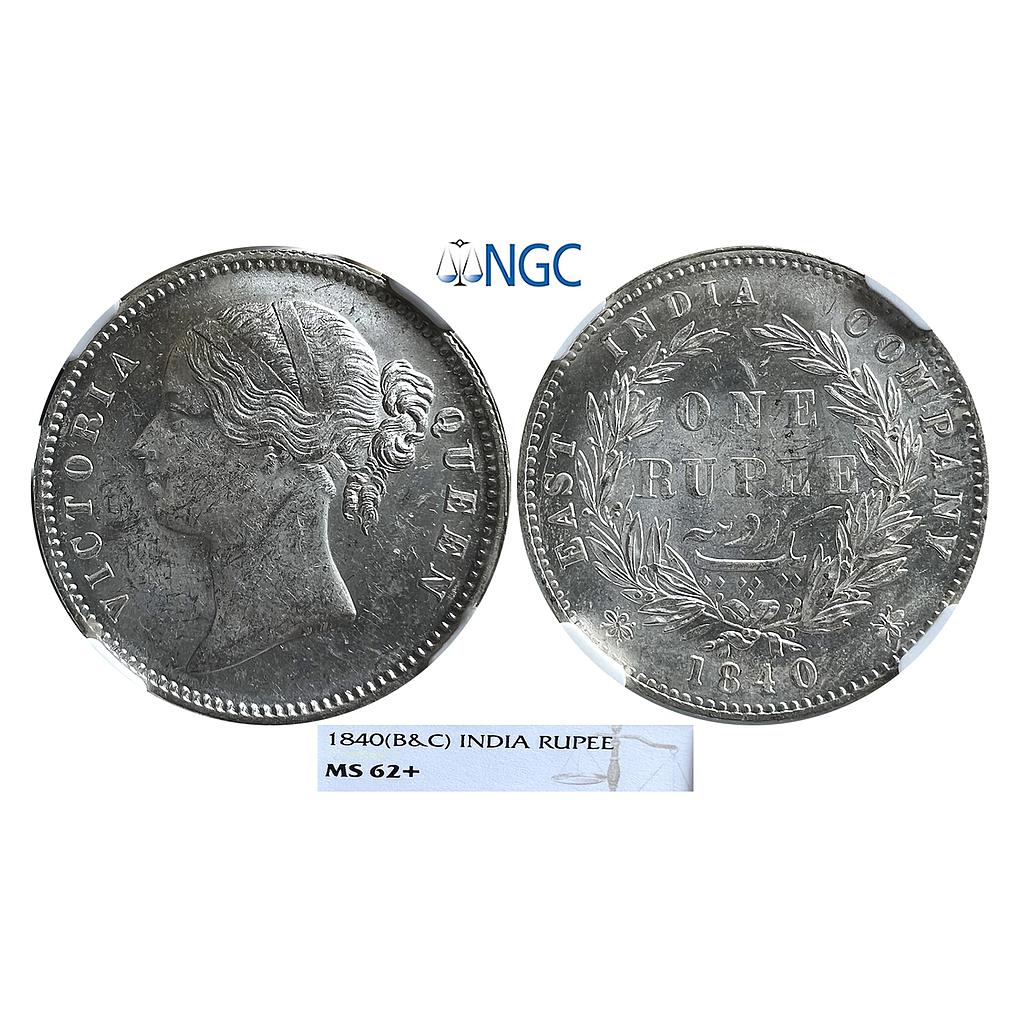 EIC Victoria Queen 1840 AD (B&amp;C) Divided Legend 28 Berry Silver Rupee NGC Graded MS 62+