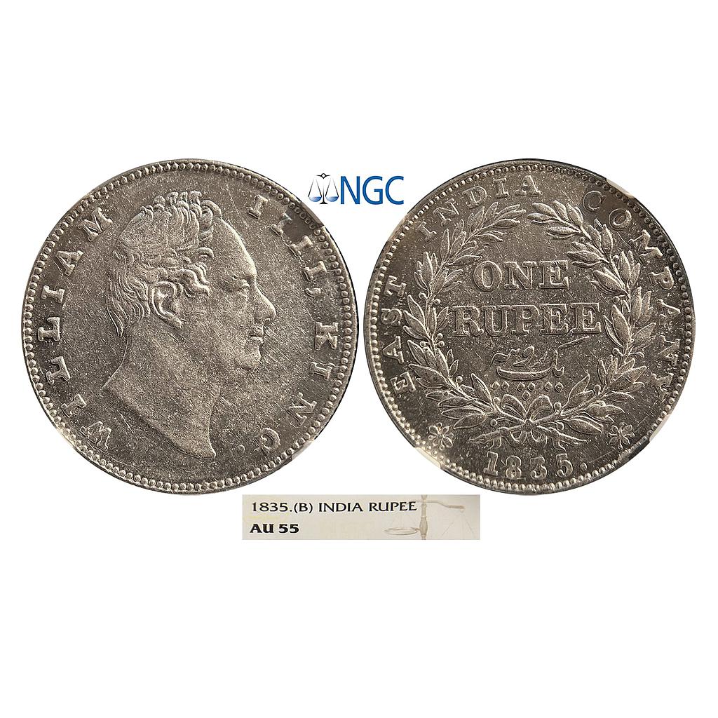 EIC William IV 1835 AD No initials B / II Bud leaves 20 Berries Bombay Mint Silver Rupee NGC Graded AU 55