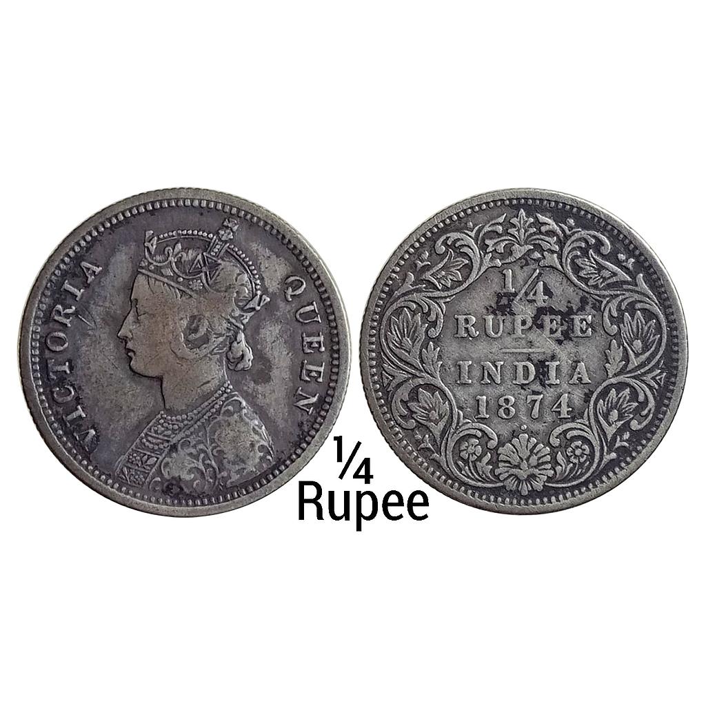 British India Victoria Queen 1874 AD A / I / dot Bombay Mint Silver 1/4 Rupee