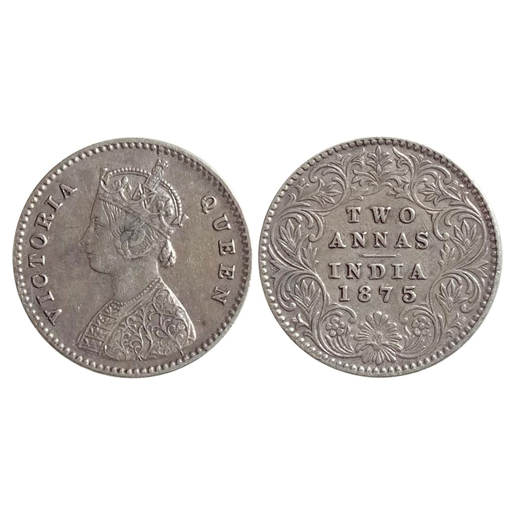 British India Victoria Empress 1875 AD A / I / No mint mark Calcutta Mint Silver 2 Annas