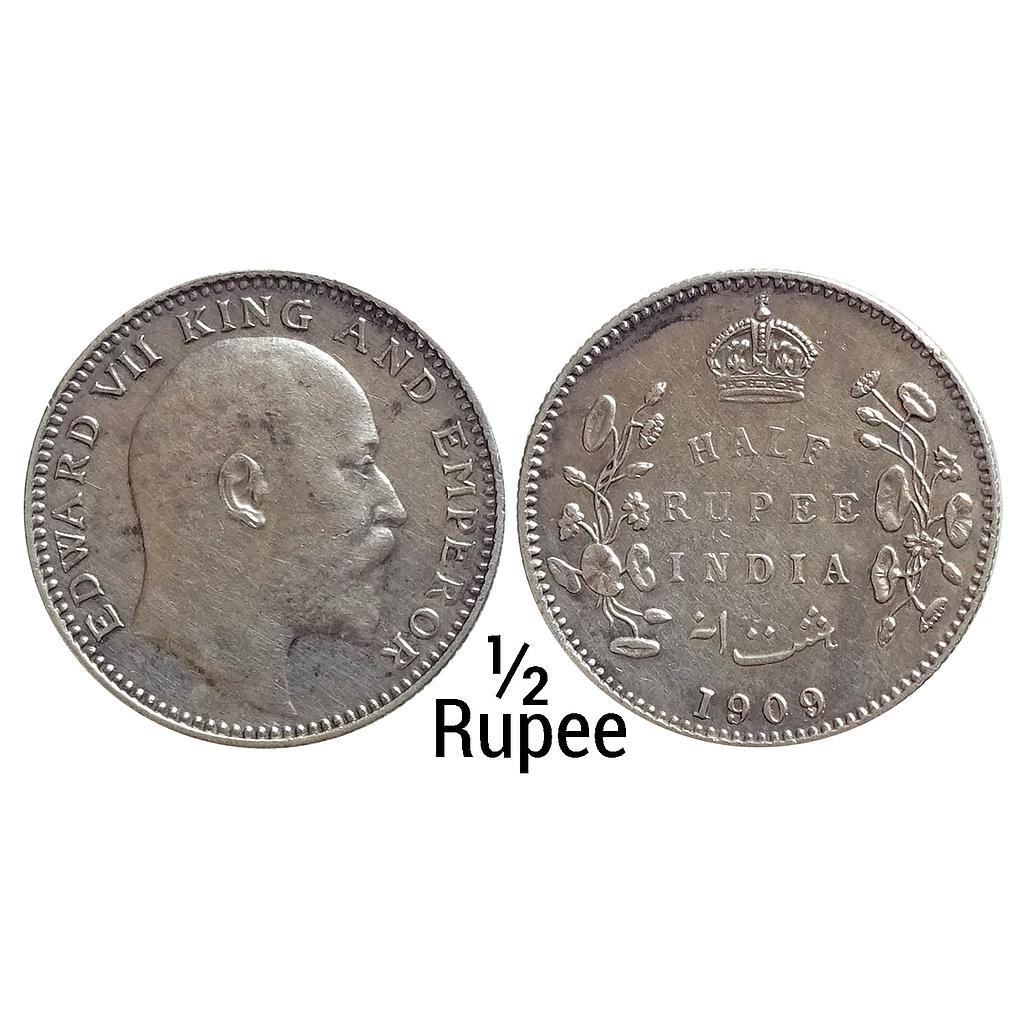 British India Edward VII 1909 AD No mint mark Calcutta Mint Silver 1/2 Rupee