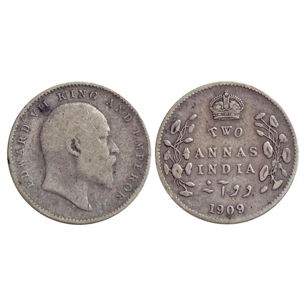 British India Edward VII 1909 AD Calcutta Mint Silver 2 Annas