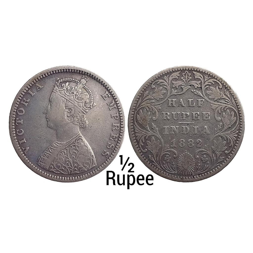 British India Victoria Empress 1882 AD B2 / II / dot Bombay Mint Silver 1/2 Rupee