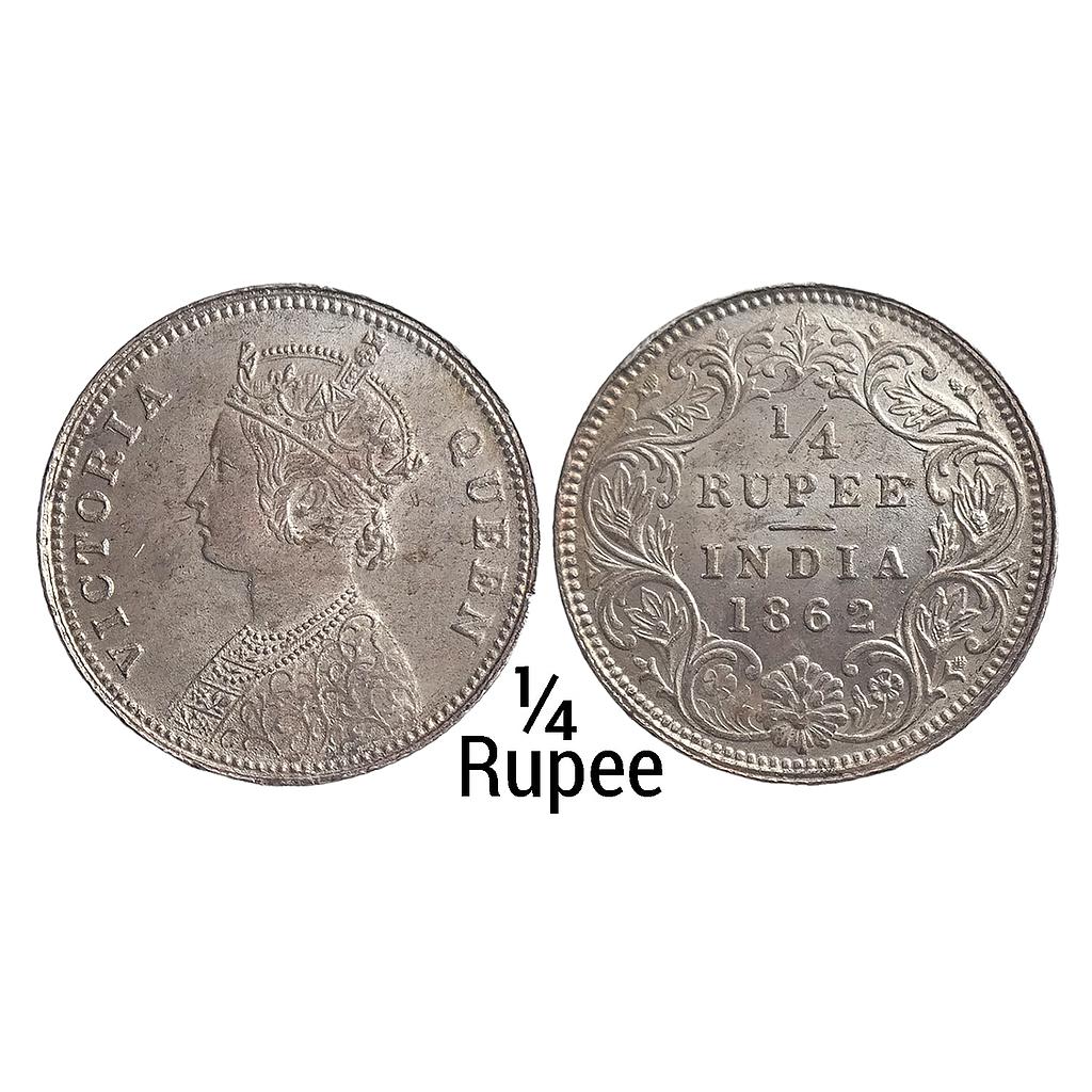 British India Victoria Queen 1862 AD A / I No mint mark Calcutta Mint Silver 1/4 Rupee