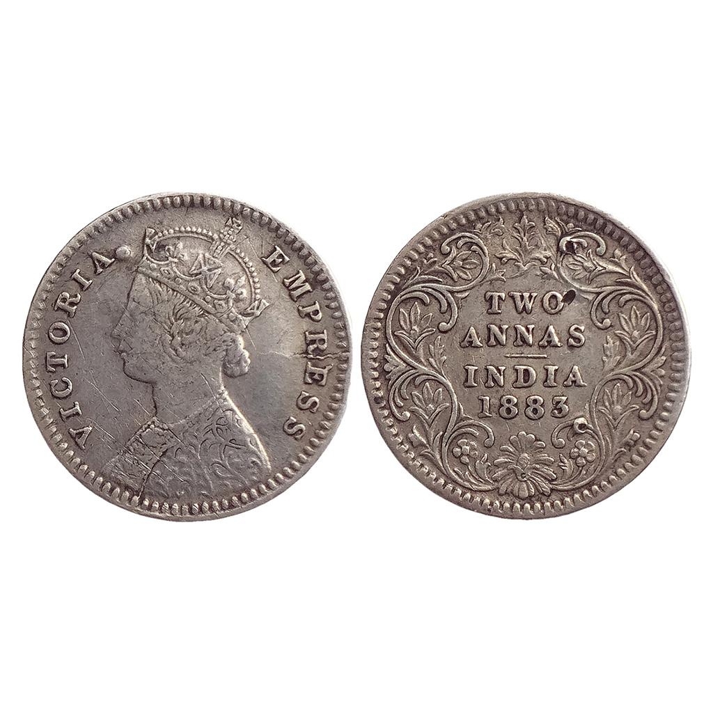 British India Victoria Empress 1883 AD B / II / C incuse Calcutta Mint Silver 2 Annas