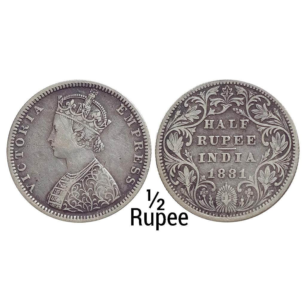 British India Victoria Empress 1881 AD B2 / II / dot Bombay Mint Silver 1/2 Rupee