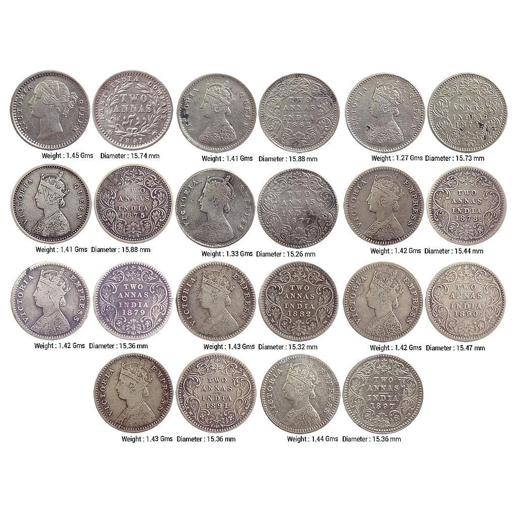 EIC Uniform Coinage Victoria Queen and Empress date set of 11 different dates from 1841 to 1901 Silver 2 Annas